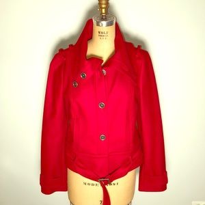 Hinge Red Wool Cropped Belted Jacket Coat Pockets